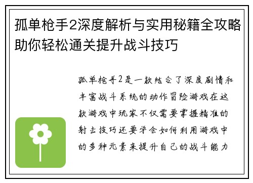 孤单枪手2深度解析与实用秘籍全攻略助你轻松通关提升战斗技巧